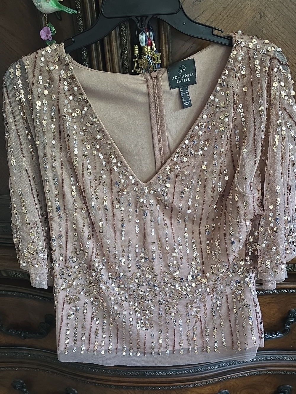 Adrianna Papell Blush Sequin V-Neck Top with Gold Accents
